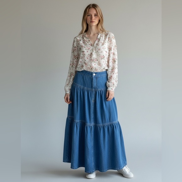 Lucky & Blessed Dresses & Skirts - Lucky & Blessed Blue Tiered Denim Maxi Skirt